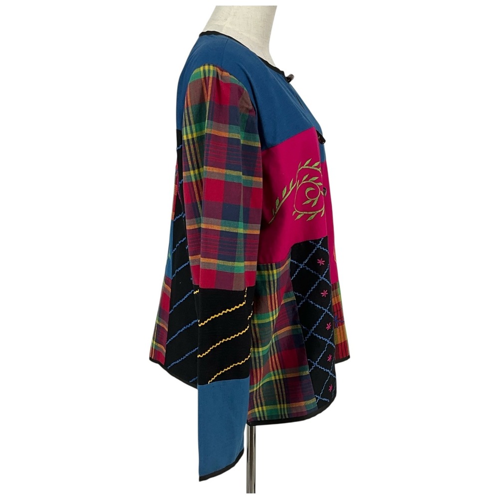 Alex Kim Patchwork Embroidered Jacket Blue Pink Plaid Artsy Boho XL - Picture 5 of 7
